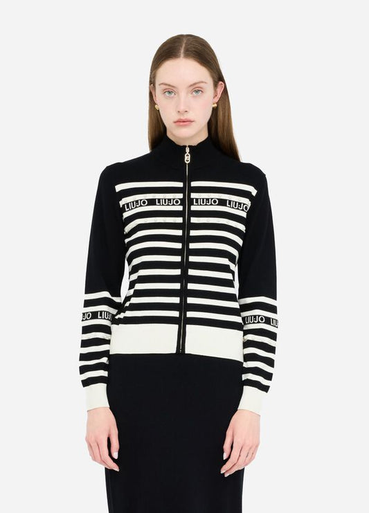 LIU JO Maglia cardigan rigato bianco nero con perle