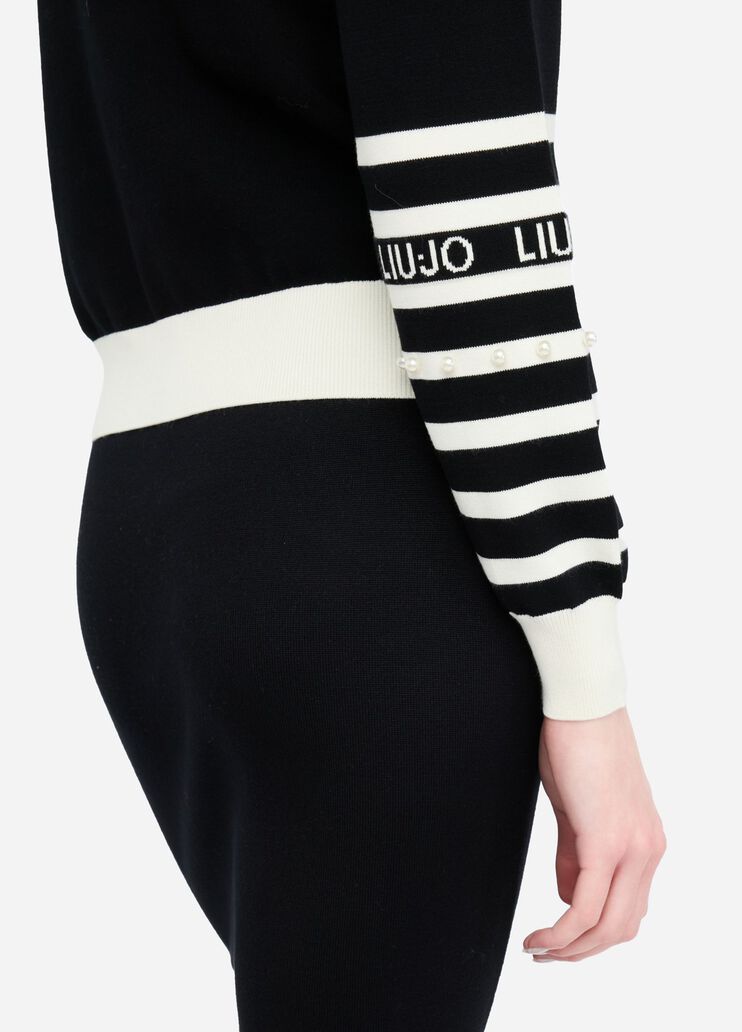 LIU JO Maglia cardigan rigato bianco nero con perle