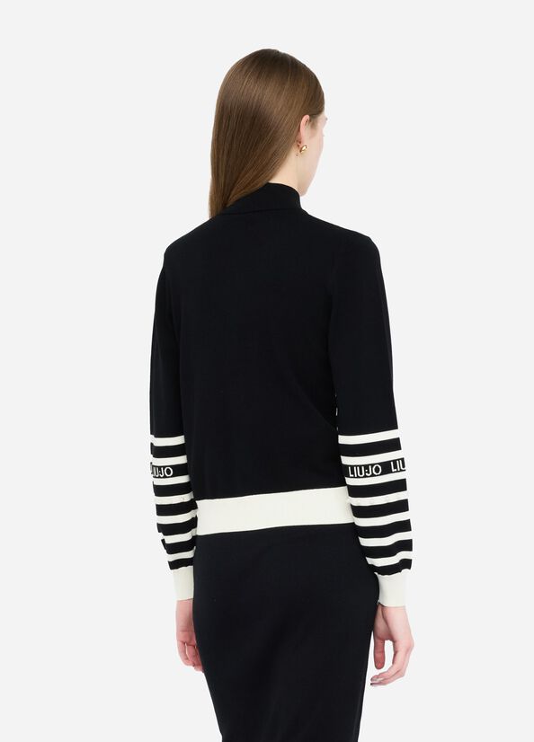 LIU JO Maglia cardigan rigato bianco nero con perle