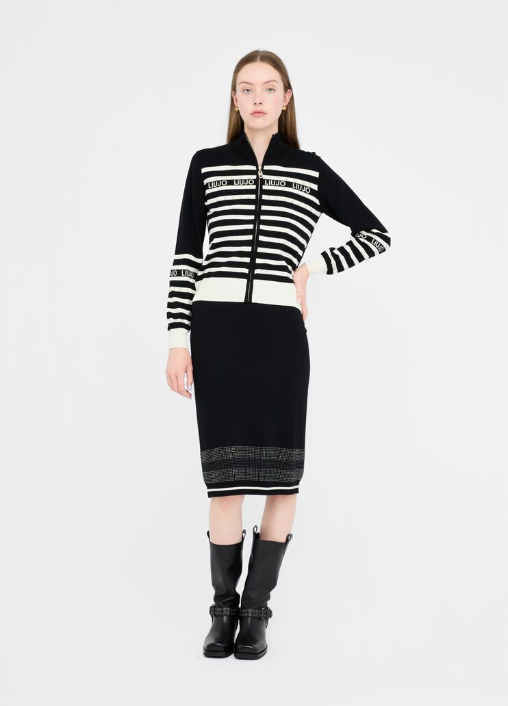 LIU JO Maglia cardigan rigato bianco nero con perle