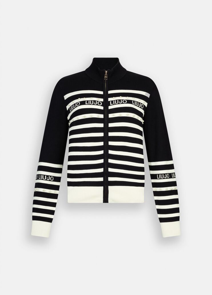 LIU JO Maglia cardigan rigato bianco nero con perle