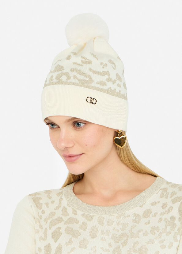 LIU JO Cappello in maglia jacquard animalier con pon pon
