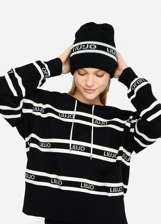 LIU JO Cappello in maglia con risvolto e logo in contrasto e perle