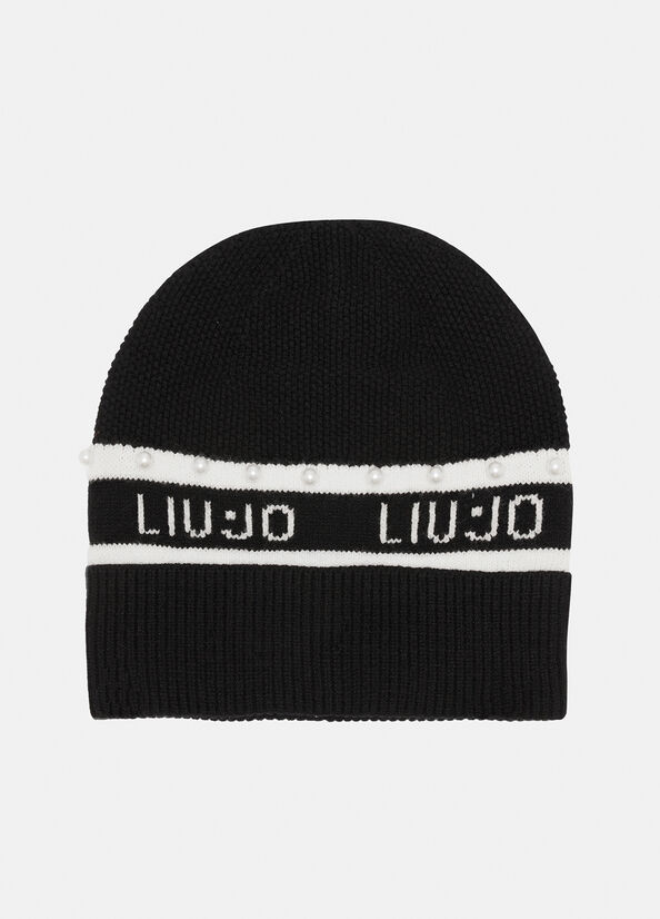 LIU JO Cappello in maglia con risvolto e logo in contrasto e perle