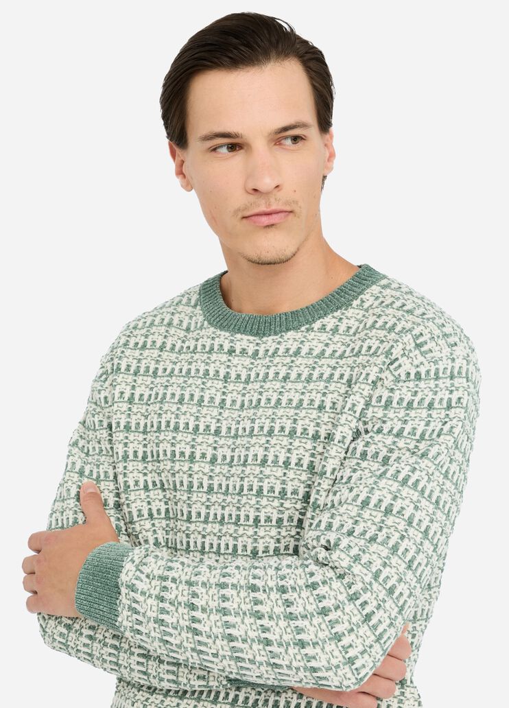 LIU JO Maglia girocollo in ciniglia lavazione jacquard verde bianco