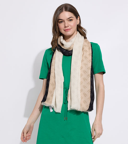 TOMMY HILFIGER Sciarpa scialle donna tricolore panna beige e nero in misto modal