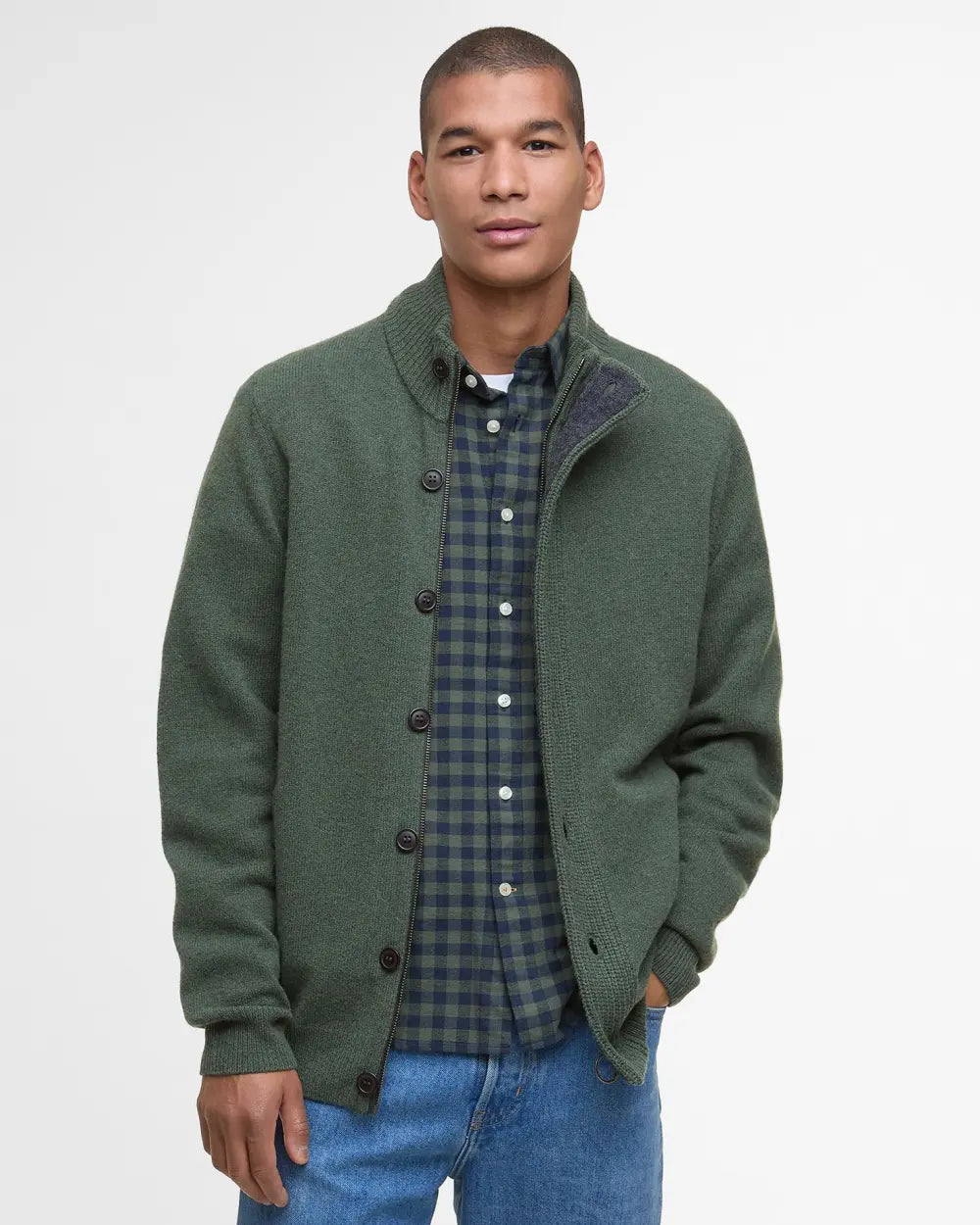 Barbour cardigan uomo in lana con zip e toppe