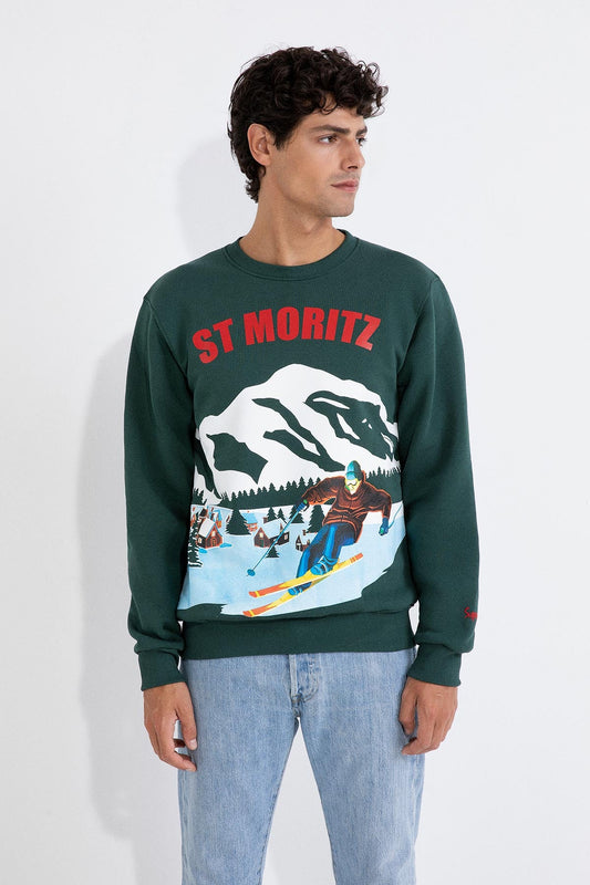 SUPERCULTURE Felpa girocollo invernale verde con maxistampa ST MORITZ