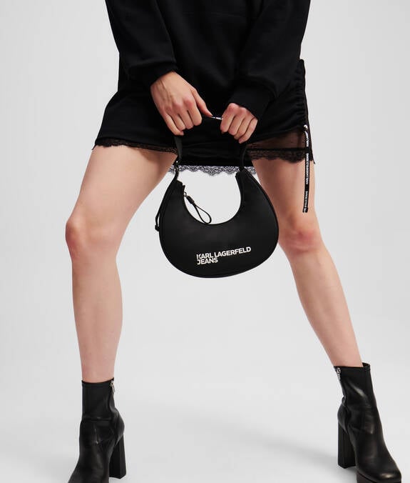 KARL LAGERFELD Borsa donna a spalla a mezza luna piccola in nylon nera e bianca