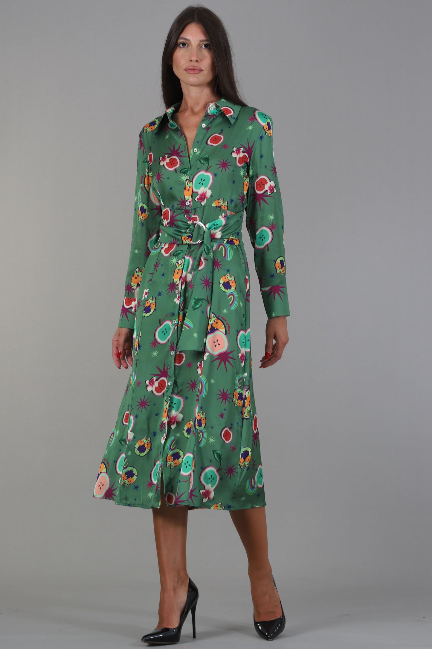 IL THE DELLE 5 Abito midi verde mela con stampe frutta multicolo maniche lunghe