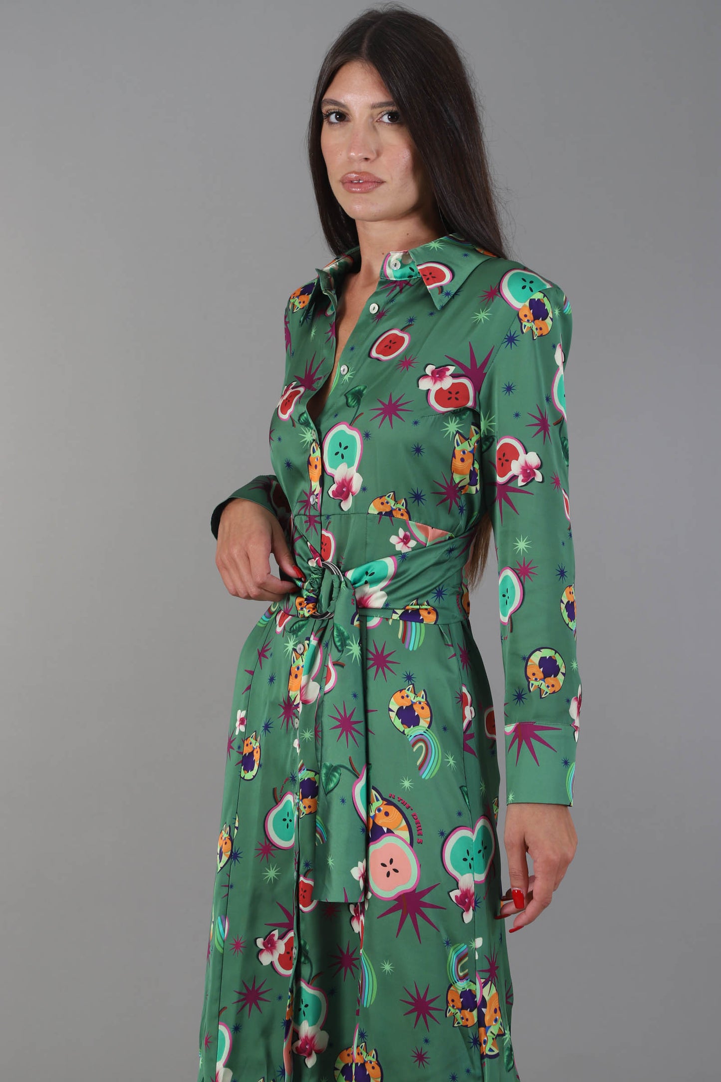 IL THE DELLE 5 Abito midi verde mela con stampe frutta multicolo maniche lunghe