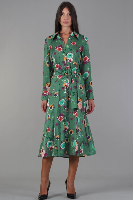 IL THE DELLE 5 Abito midi verde mela con stampe frutta multicolo maniche lunghe