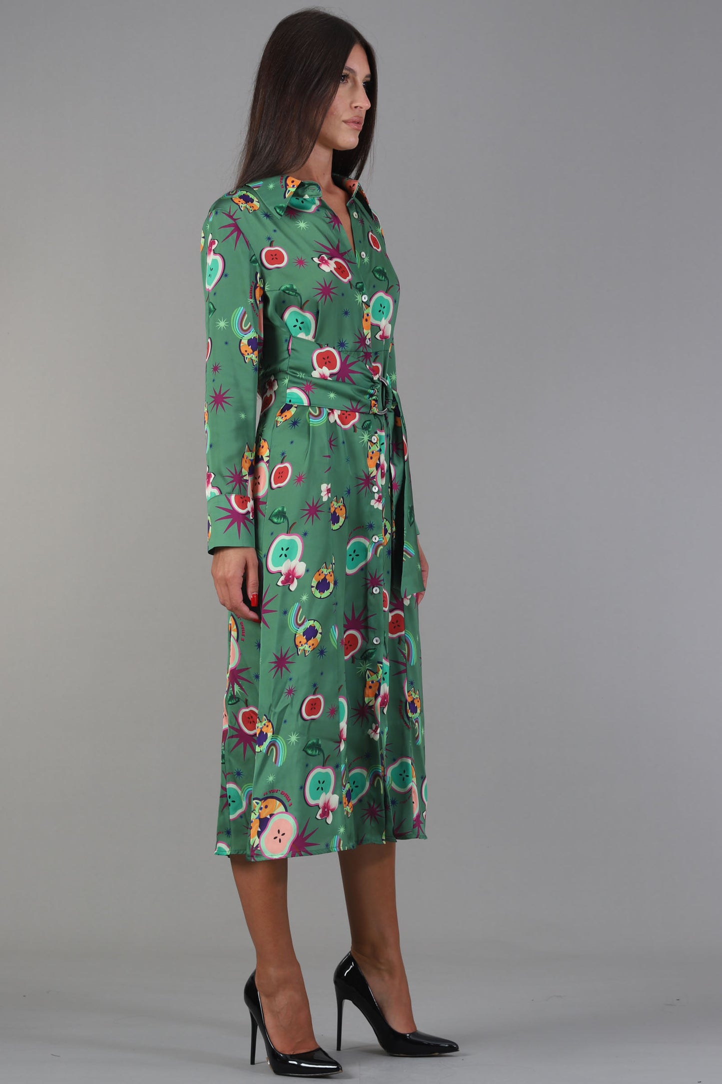 IL THE DELLE 5 Abito midi verde mela con stampe frutta multicolo maniche lunghe