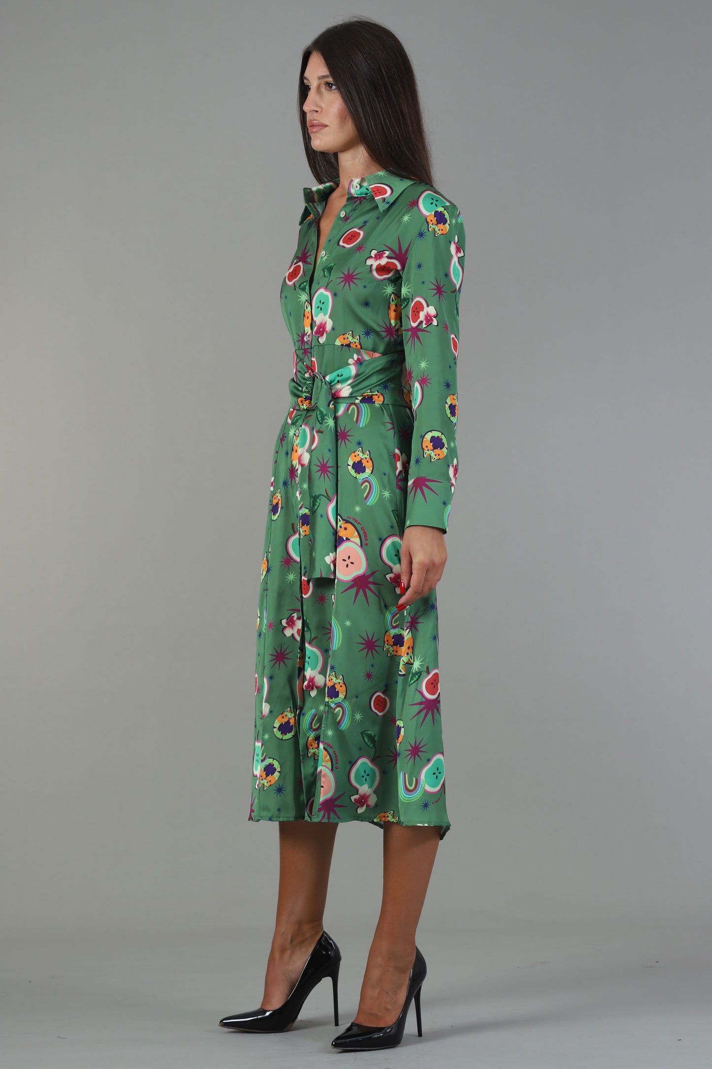 IL THE DELLE 5 Abito midi verde mela con stampe frutta multicolo maniche lunghe