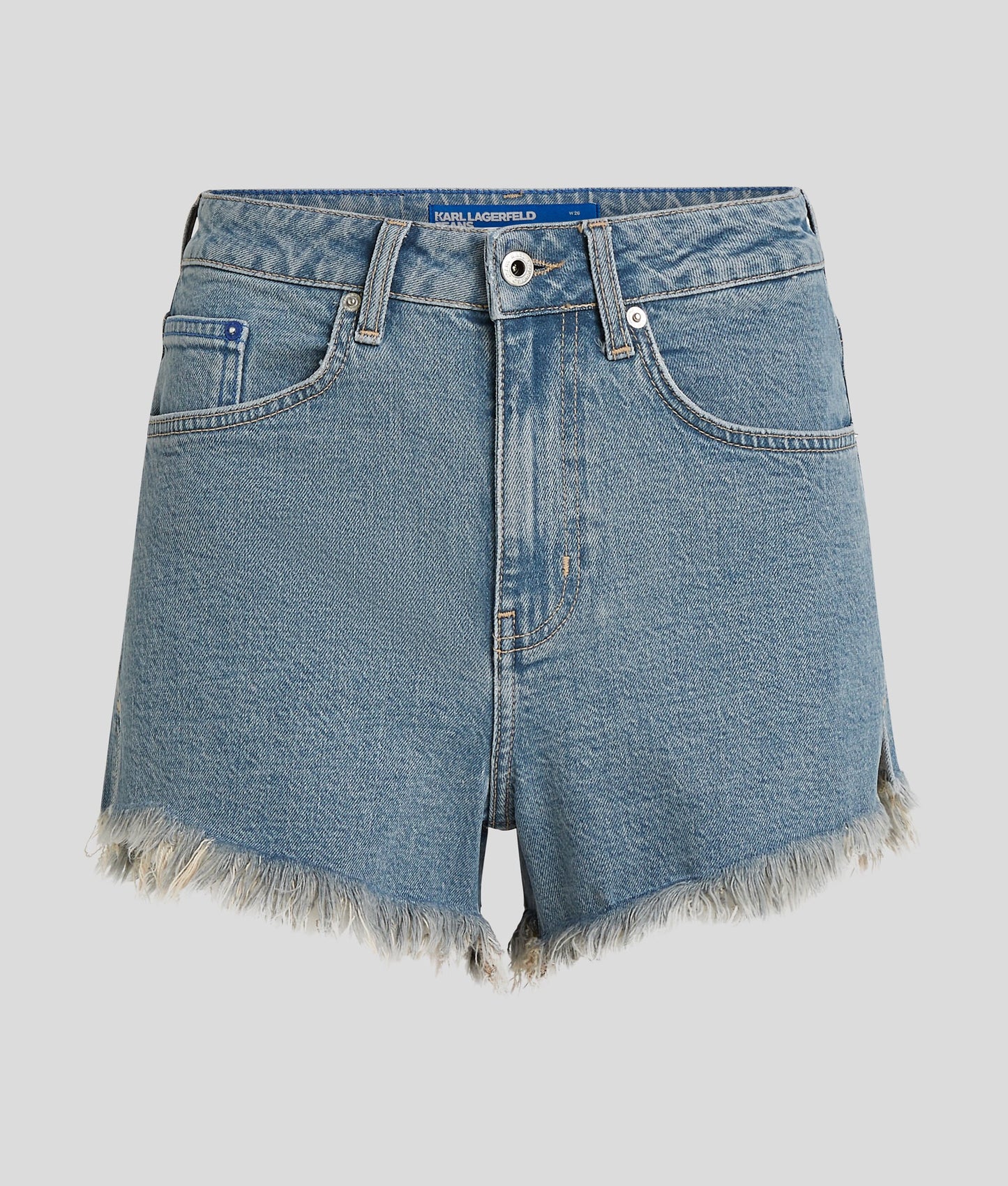KARL LAGERFELD Shorts in denim sfrangiati vita alta con patta in ecopelle nera