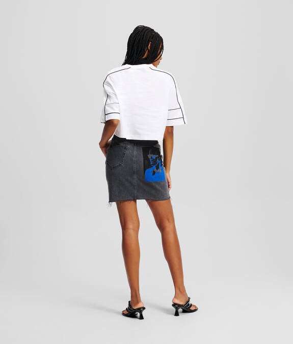 KARL LAGERFELD Gonna mini in denim grigio con stampa KARL sulla tasca posteriore nero e bluette