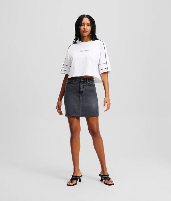 KARL LAGERFELD Gonna mini in denim grigio con stampa KARL sulla tasca posteriore nero e bluette