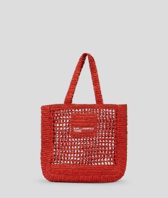 KARL LAGERFELD Borsa shopper in raffia intarsiata rossa con logo frontale