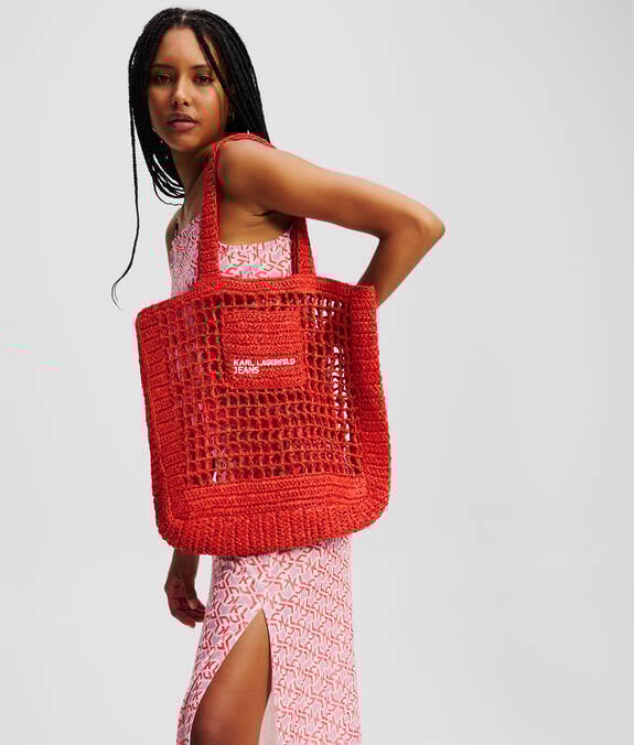 KARL LAGERFELD Borsa shopper in raffia intarsiata rossa con logo frontale