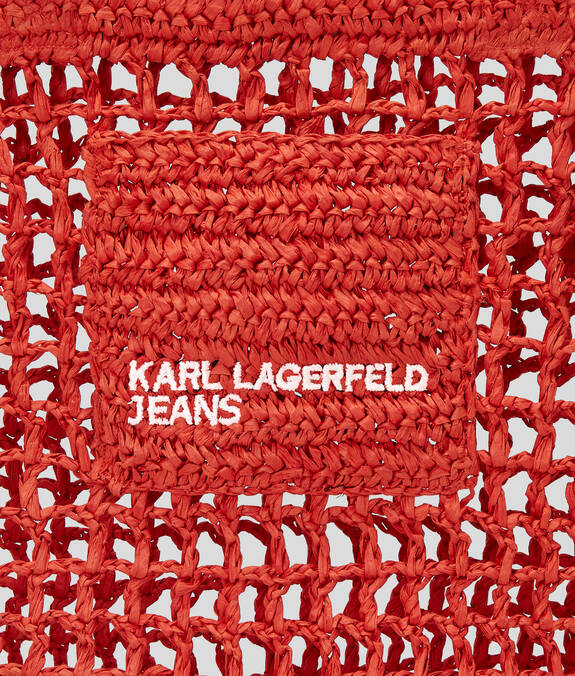 KARL LAGERFELD Borsa shopper in raffia intarsiata rossa con logo frontale