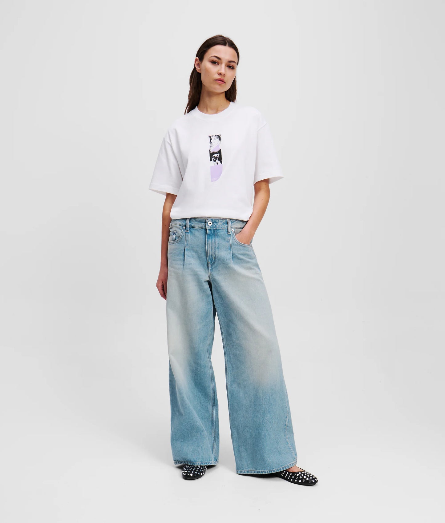 KARL LAGERFELD JEANS Denim a gamba larga lavaggio chiaro delavè
