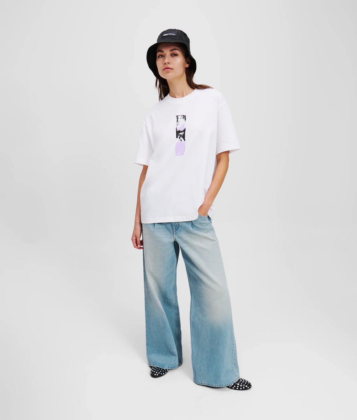 KARL LAGERFELD JEANS Denim a gamba larga lavaggio chiaro delavè