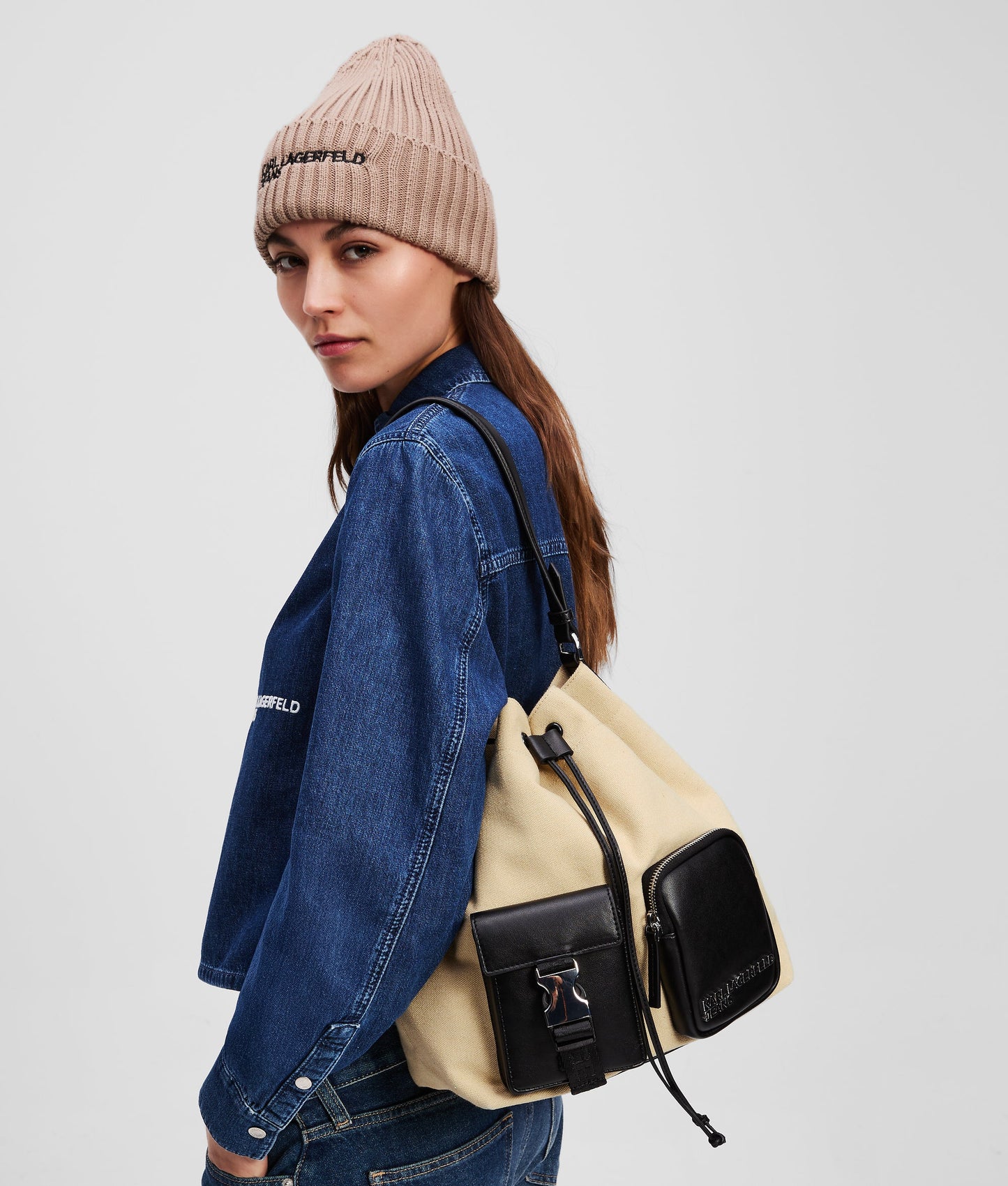 KARL LAGERFELD JEANS borsa a secchiello sacca a spalla in canvas utility