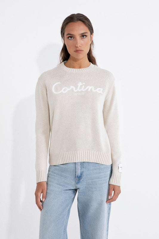 SUPERCULTURE Maglia girocollo crema con ricamo CORTINA SKI CLUB