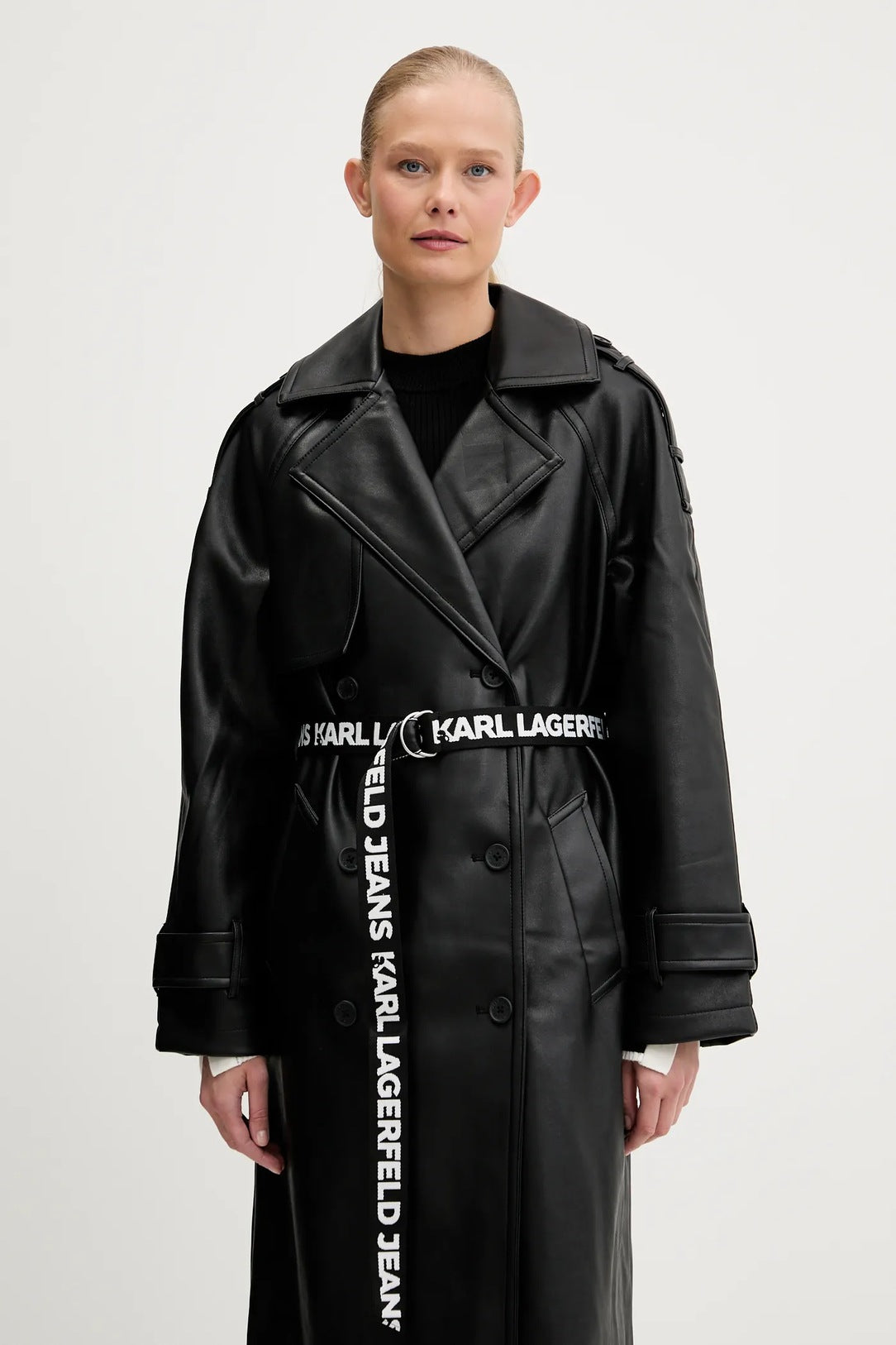 KARL LAGERFELD JEANS Trench doppiopetto in ecopelle con cinta a nastro logata in contrasto