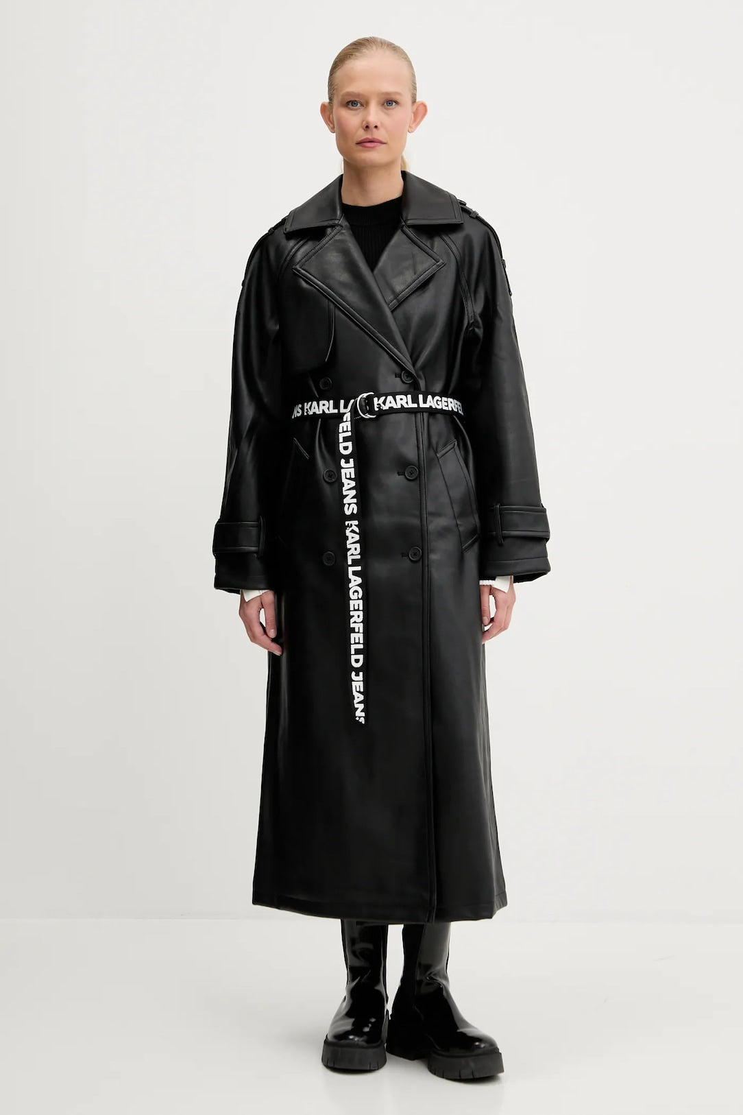 KARL LAGERFELD JEANS Trench doppiopetto in ecopelle con cinta a nastro logata in contrasto
