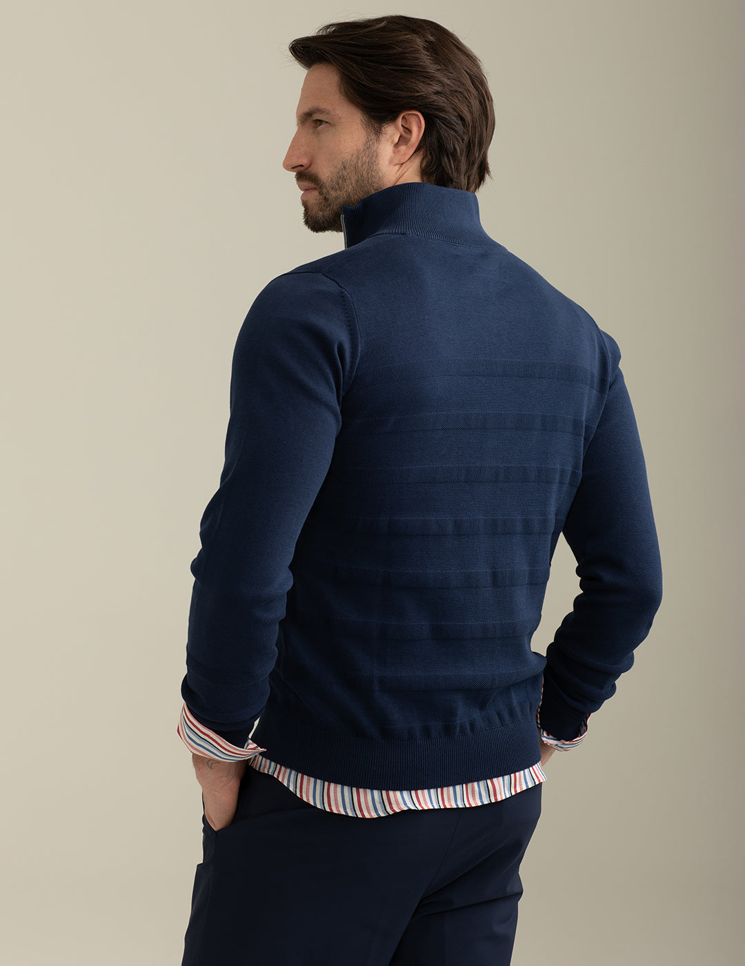 FRED MELLO Cardigan blu in filo di cotone leggero intarsiato con zip