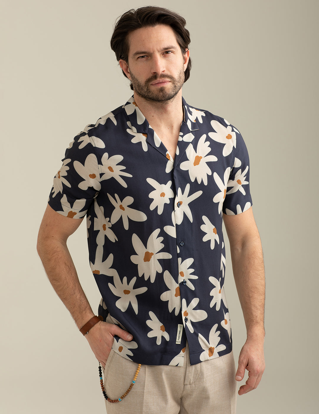 FRED MELLO Camicia maniche corte in voile di viscosa collo bowling fantasia floreale