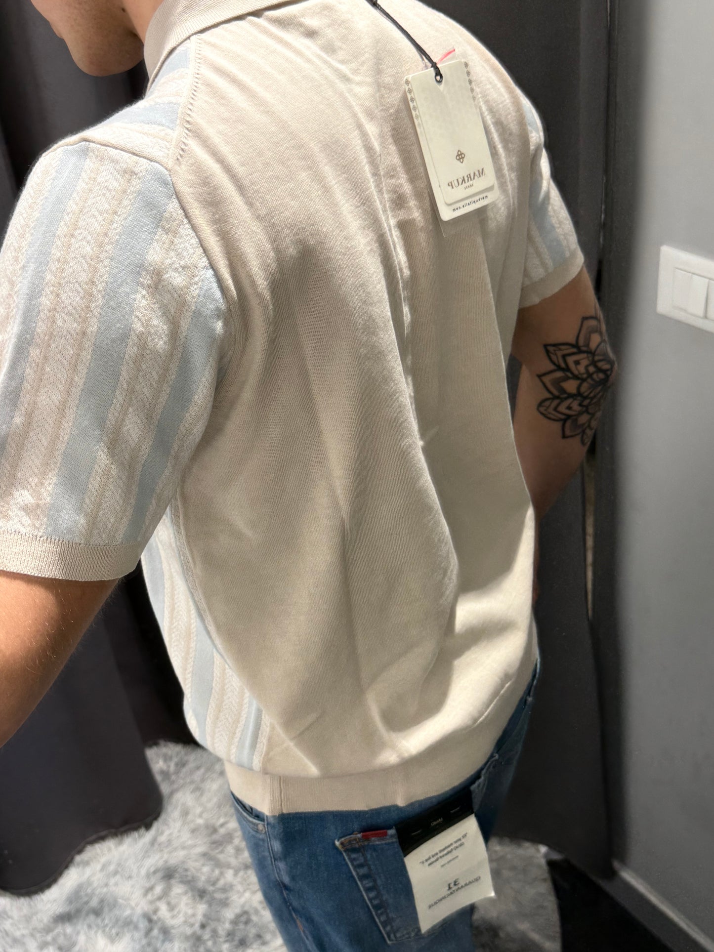 MARKUP Camicia maniche corte strutturata in filo di cotone beige e celeste