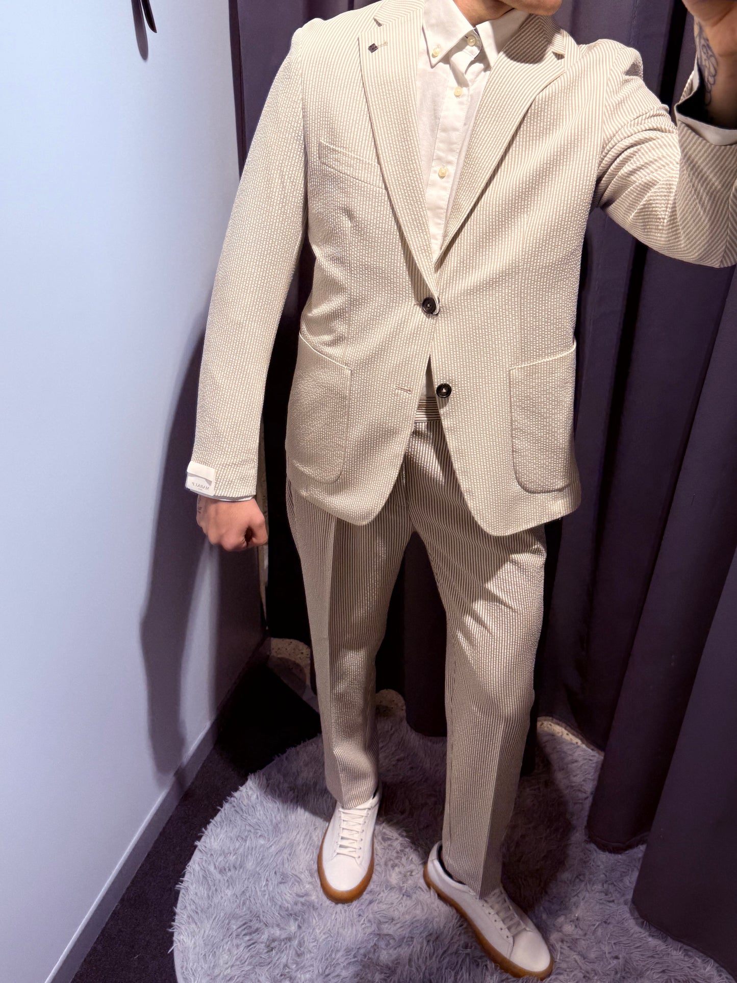 MARKUP Pantalacci in seersucker beige/bianco o blu/bianco
