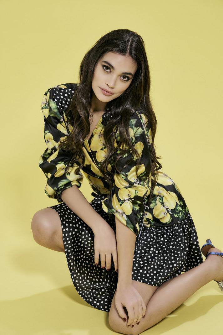 IL THE' DELLE 5 Abitino maniche 3/4 con stampa limoni e pois nero e giallo