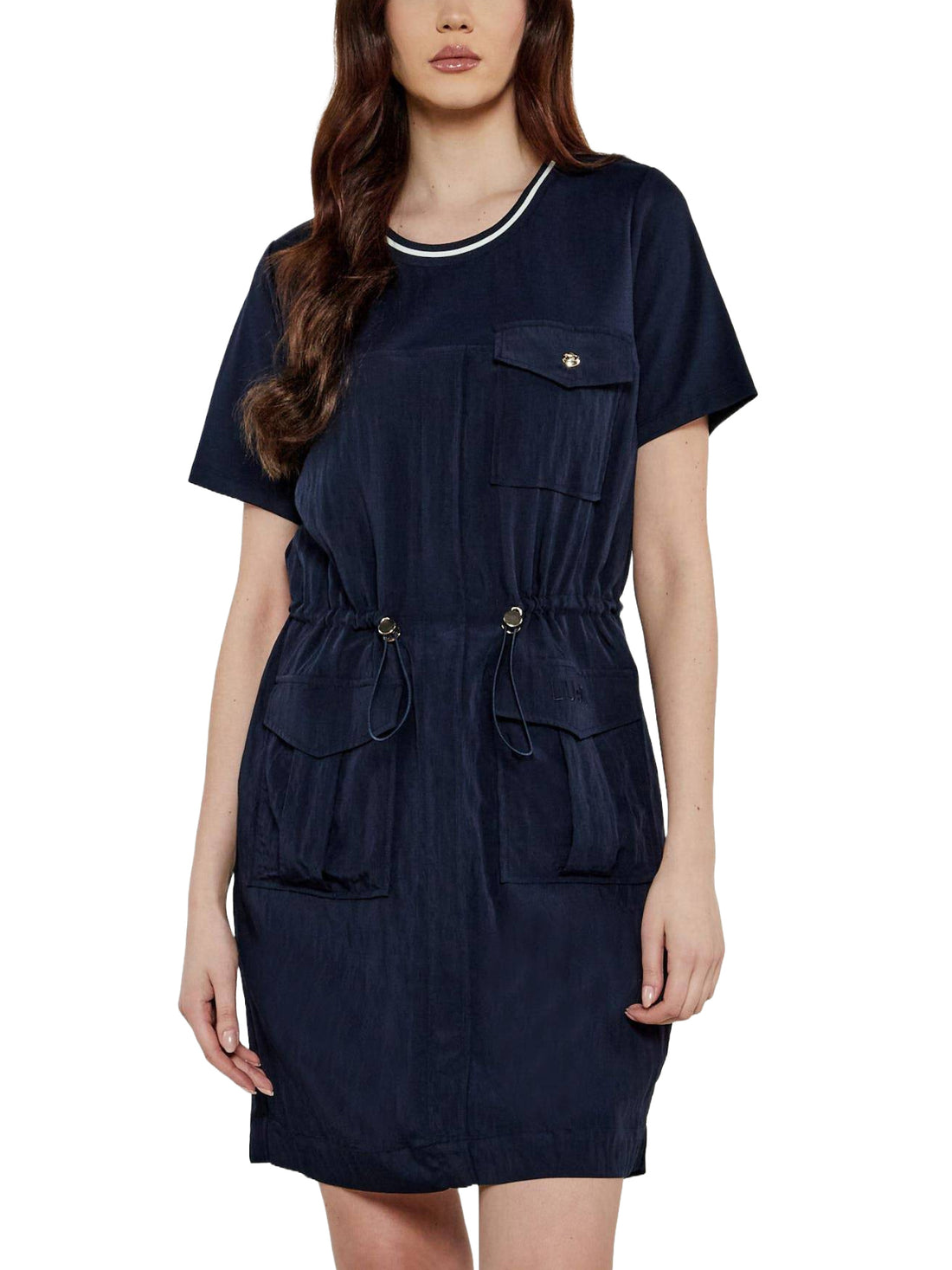 LIU JO Vestito corto con maniche corte blu in viscosa, coulisse al punto vita e tasche frontali