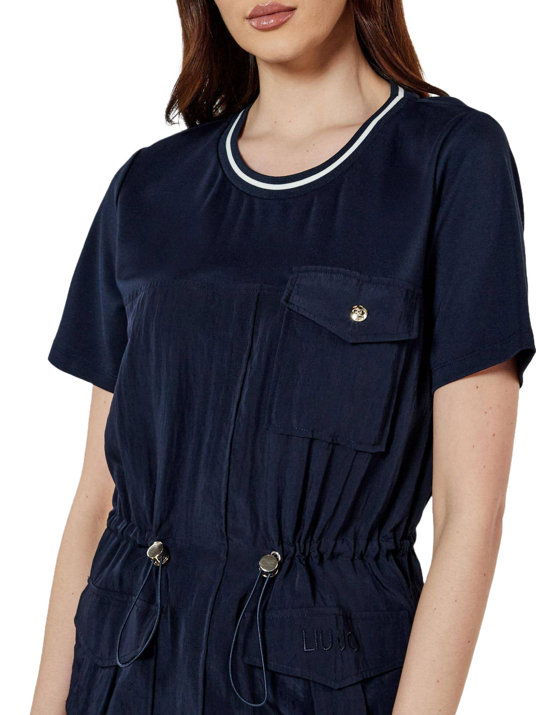 LIU JO Vestito corto con maniche corte blu in viscosa, coulisse al punto vita e tasche frontali