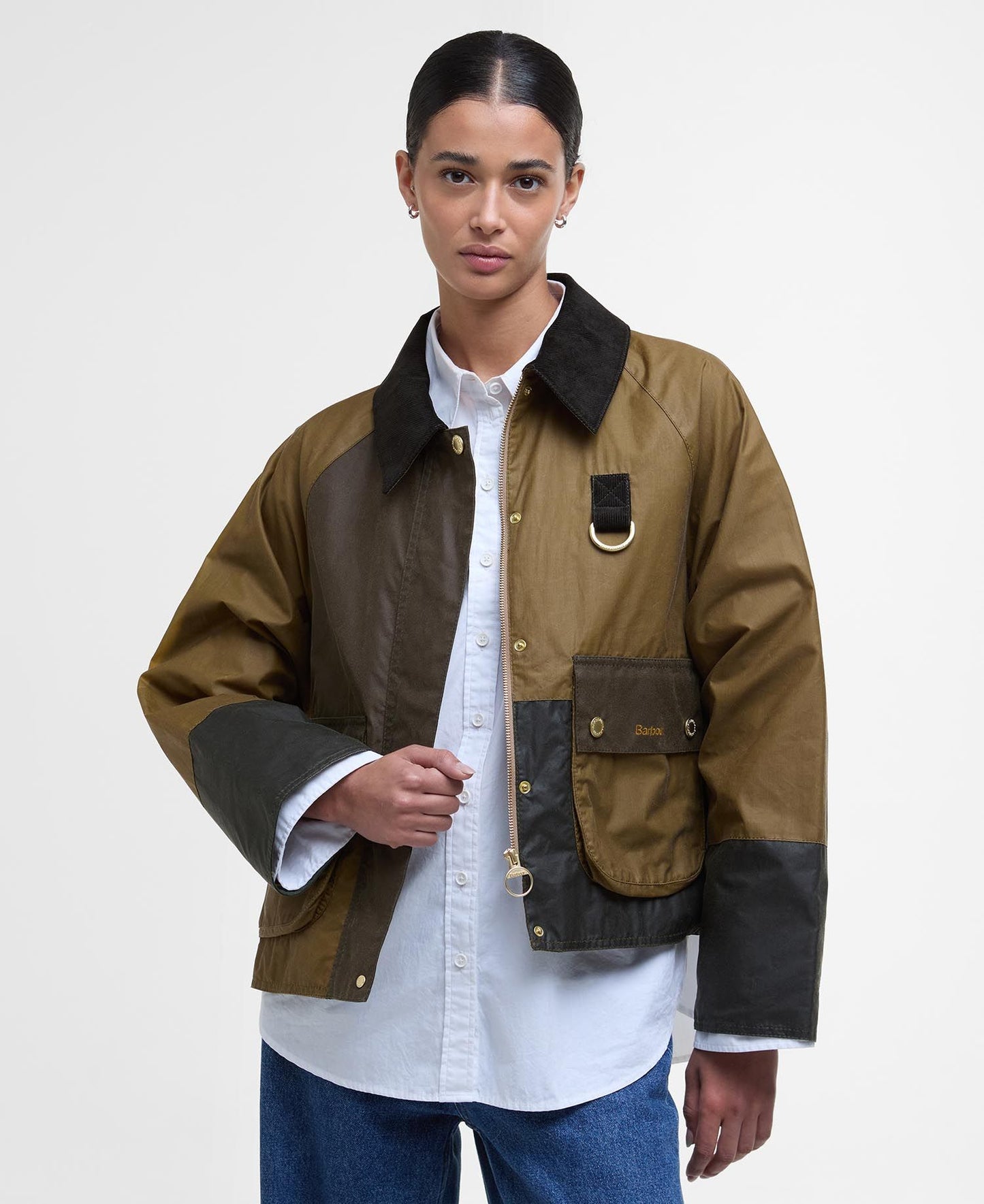 BARBOUR Giacca cerata corta a trapezio patch in contrasti verde ALMA WAXED