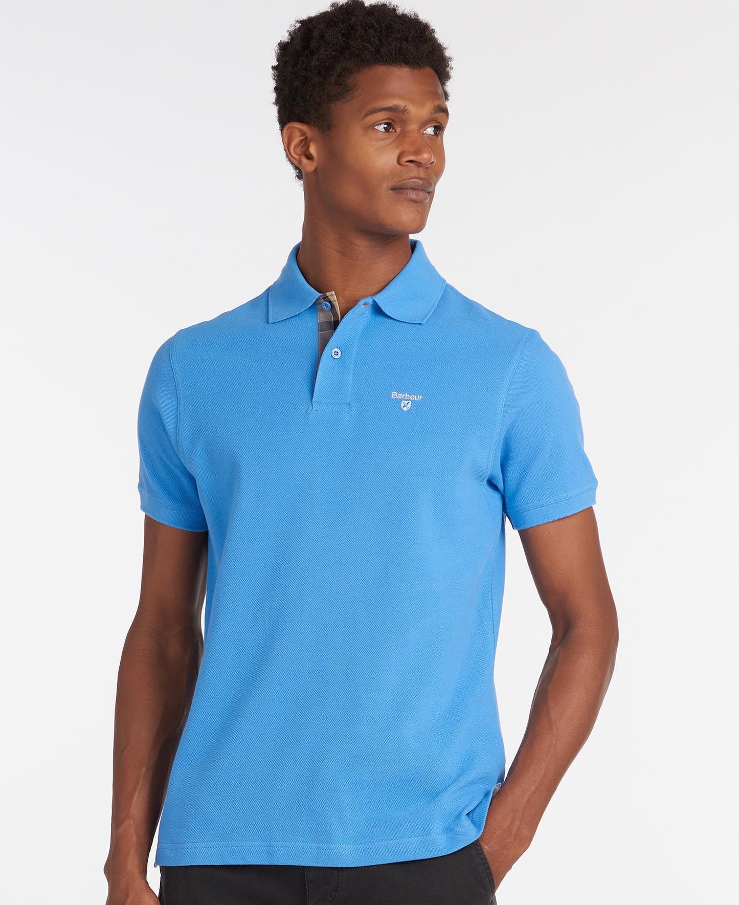 BARBOUR Polo uomo maniche corte in piquè con inserti tartan sotto ai bottoni e collo