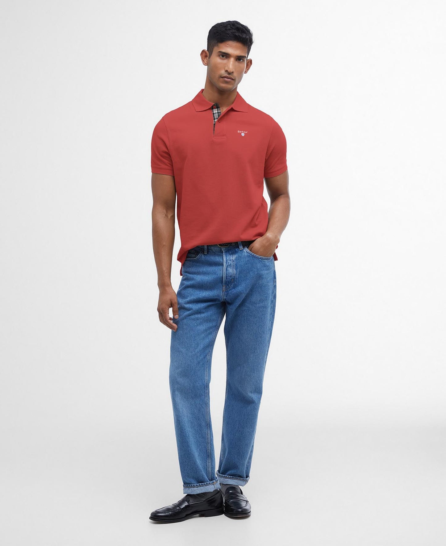 BARBOUR Polo uomo maniche corte in piquè con inserti tartan sotto ai bottoni e collo