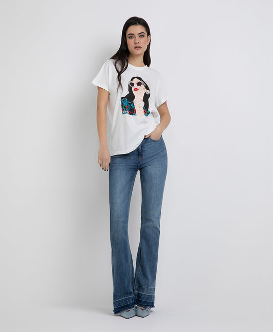 MARKUP T-Shirt maniche corte girocollo con stampa viso donna e applicazione perle