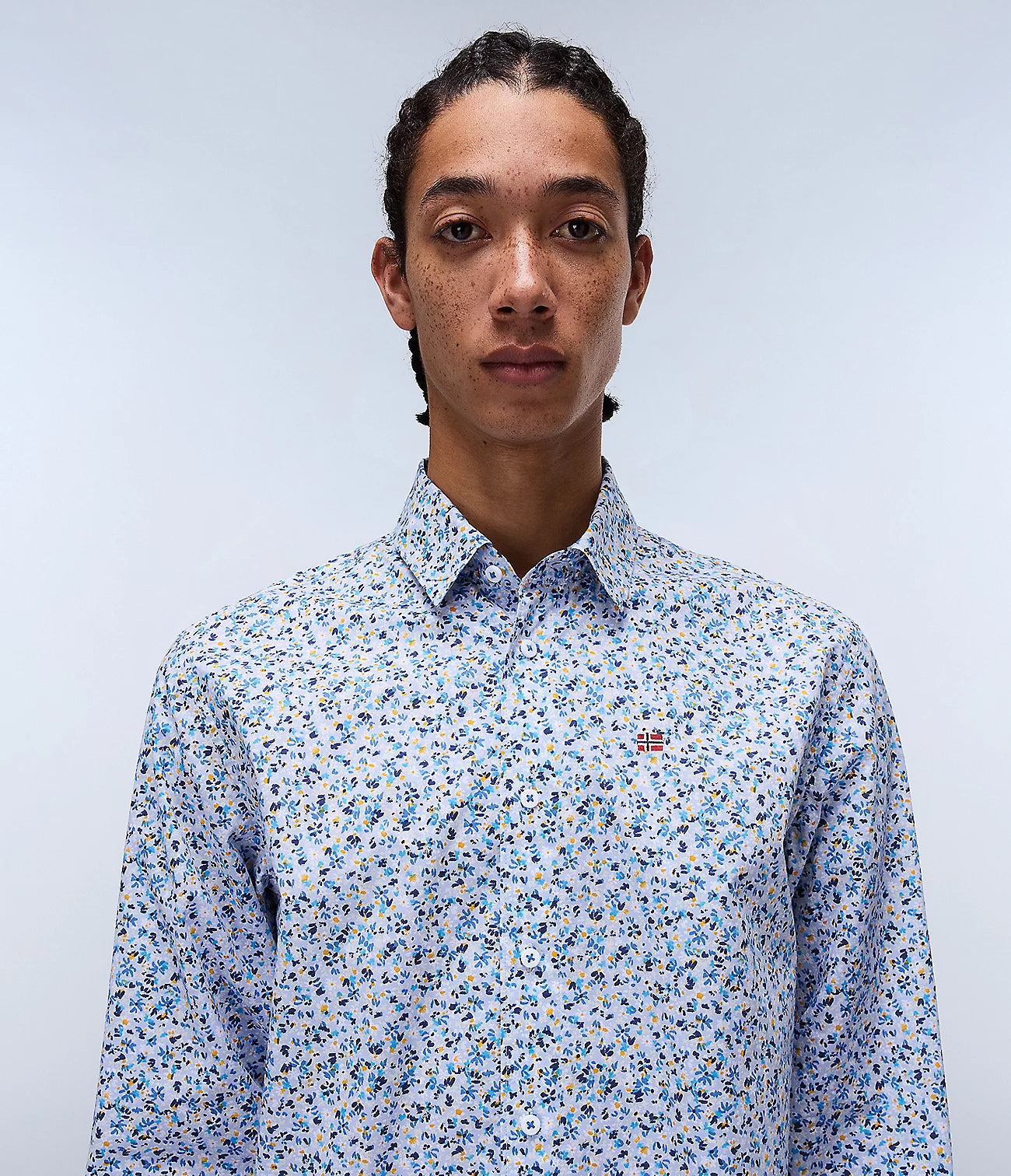 NAPAPIJRI Camicia uomo fantasia microfiore celeste blu bianco ocra G-RONGE LS