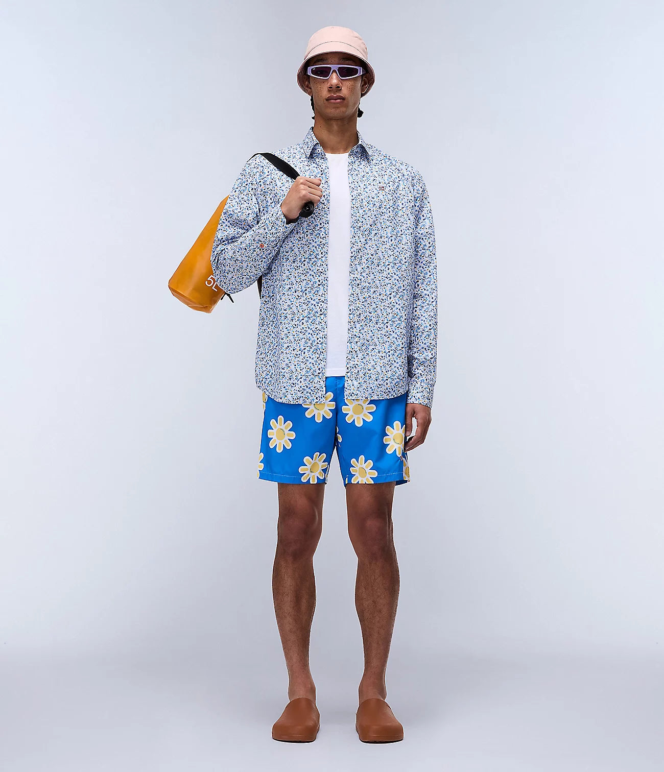 NAPAPIJRI Camicia uomo fantasia microfiore celeste blu bianco ocra G-RONGE LS