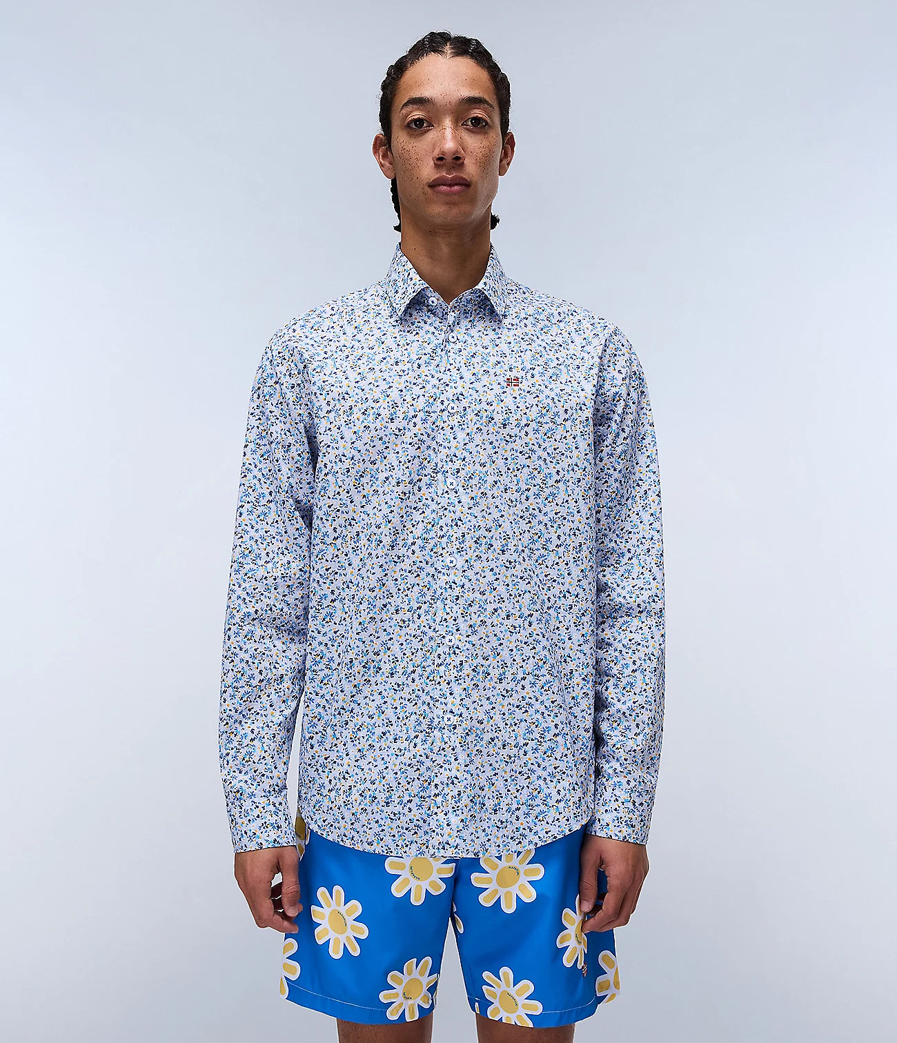 NAPAPIJRI Camicia uomo fantasia microfiore celeste blu bianco ocra G-RONGE LS