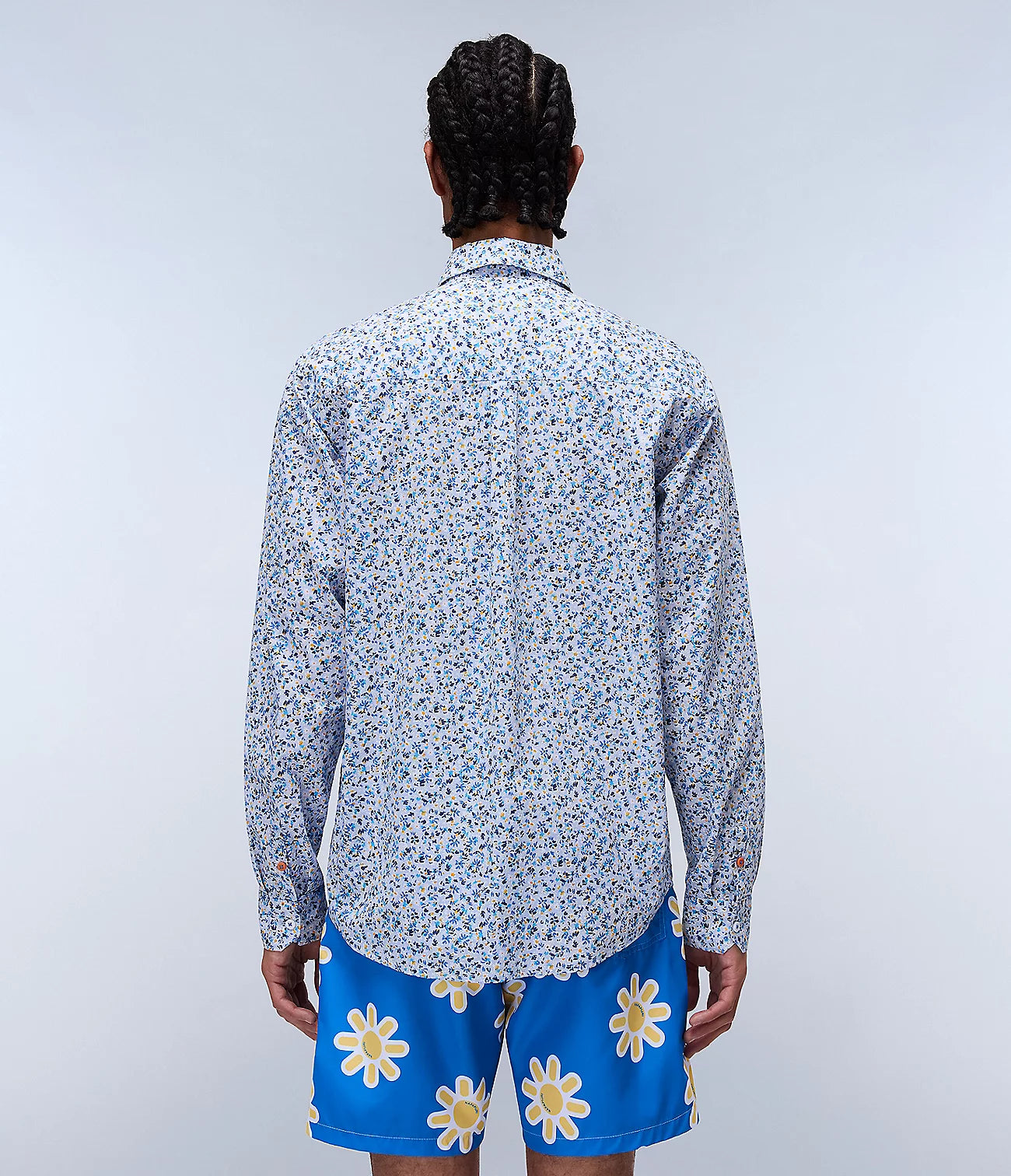 NAPAPIJRI Camicia uomo fantasia microfiore celeste blu bianco ocra G-RONGE LS