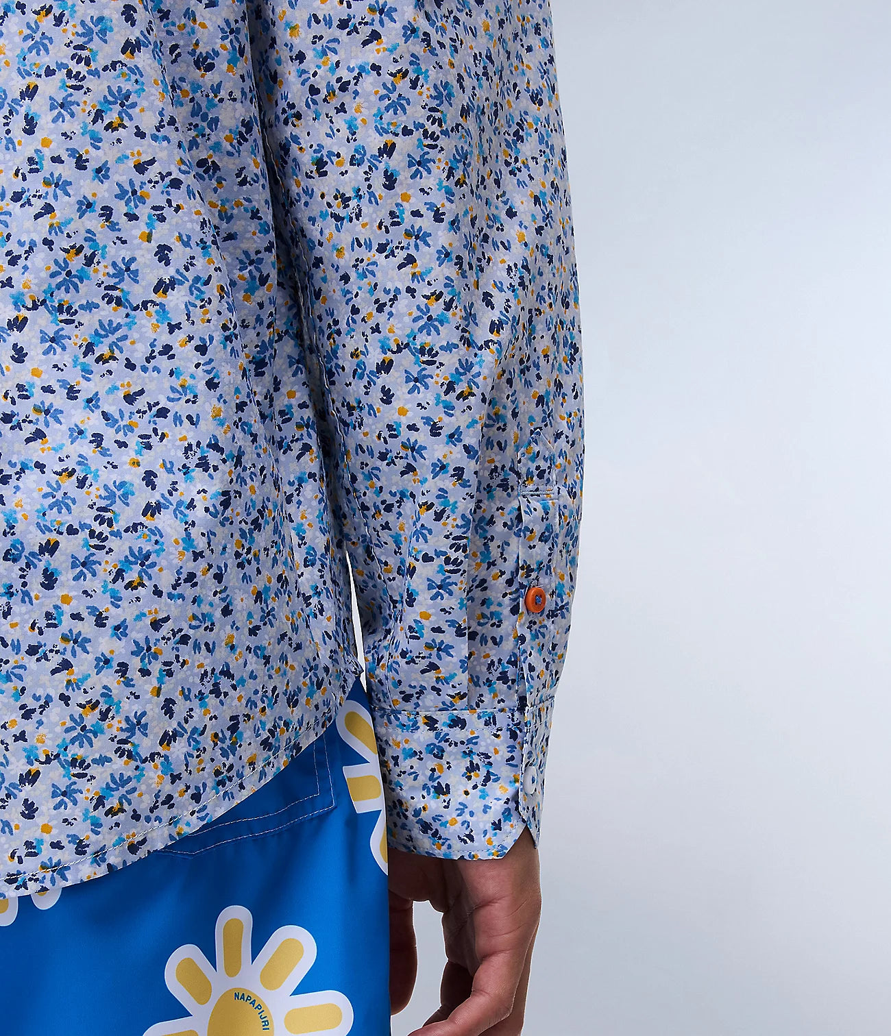 NAPAPIJRI Camicia uomo fantasia microfiore celeste blu bianco ocra G-RONGE LS