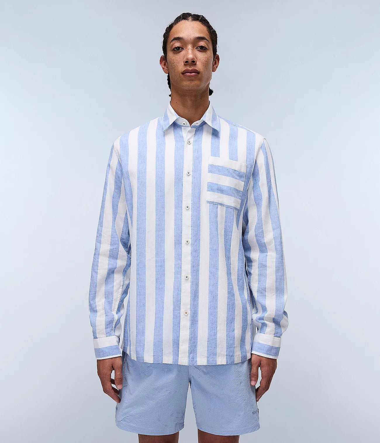 NAPAPIJRI Camicia uomo misto lino maniche lunghe e taschino G-BROLIO celeste e bianco