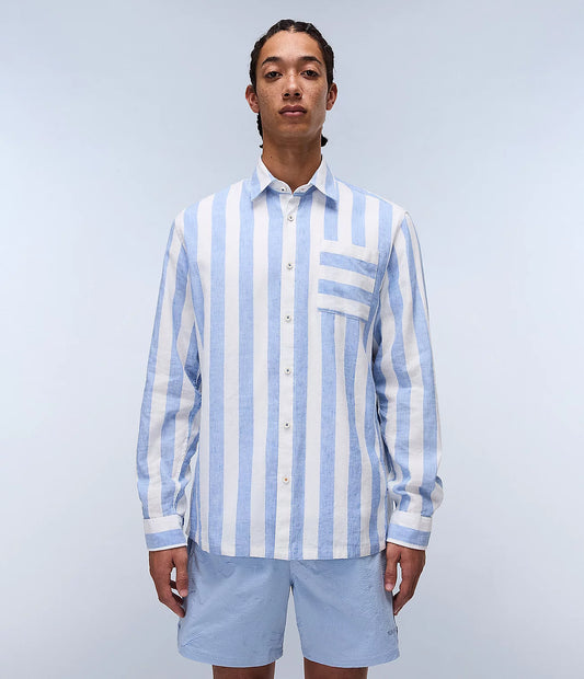NAPAPIJRI Camicia uomo misto lino maniche lunghe e taschino G-BROLIO celeste e bianco