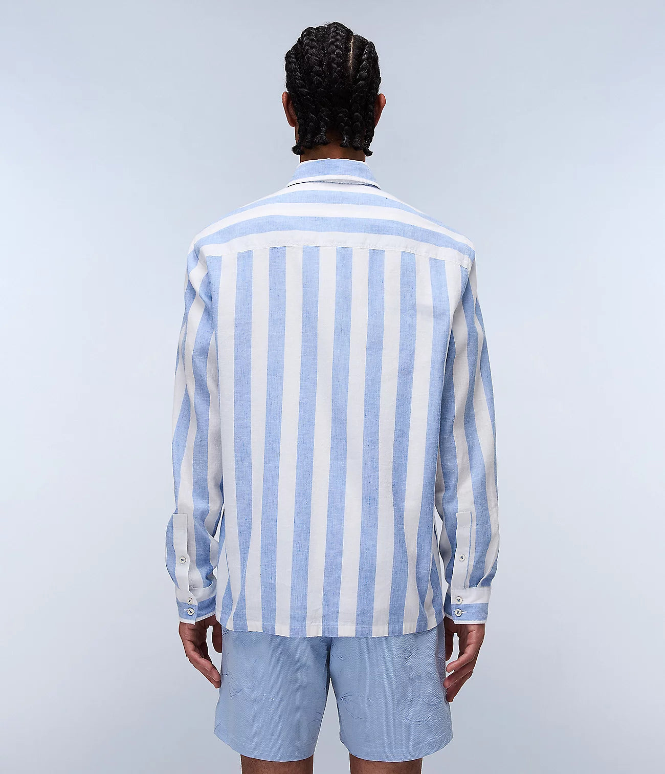 NAPAPIJRI Camicia uomo misto lino maniche lunghe e taschino G-BROLIO celeste e bianco