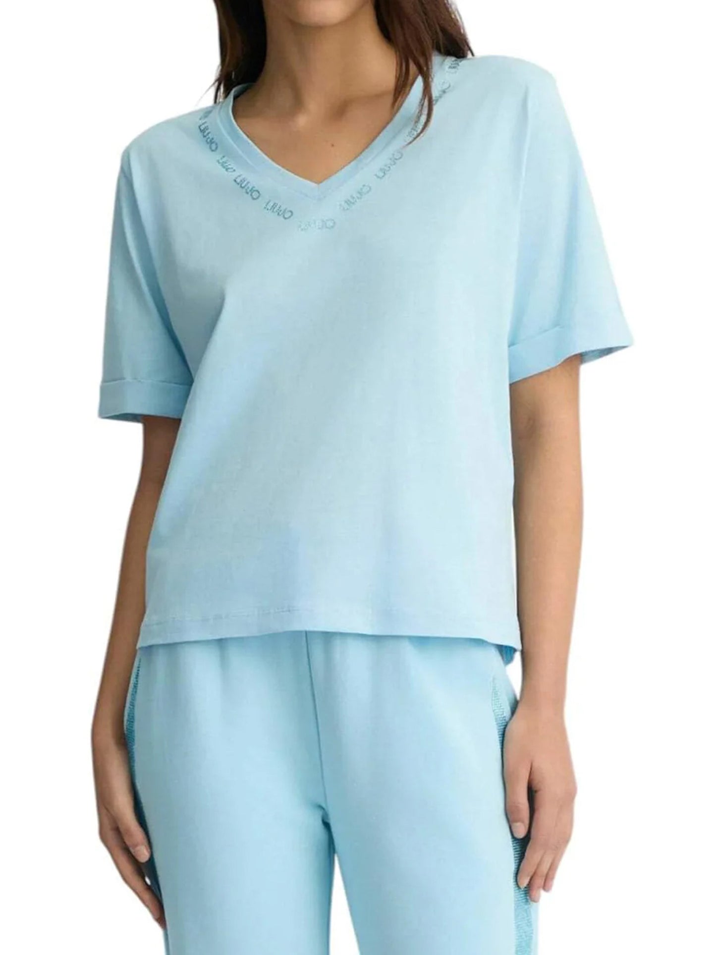 LU JO T-Shirt maniche corte a scatoletta scollo V con loghi intorno alla scollatura rosa e gialla